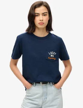 Superdry Damen Workwear T-shirt mit Bestickter Tasche Marineblau - Größe: 44 - 39.99 - FashionsVida
