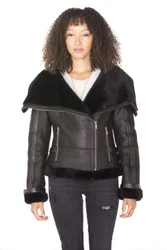 Womens Merino Sheepskin Aviator Jacket-Asmara - Black - Size 10 Uk