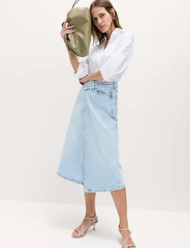 Pure Cotton Denim Asymmetric Midi Wrap Skirt Light Indigo female - M&S - FashionsVida