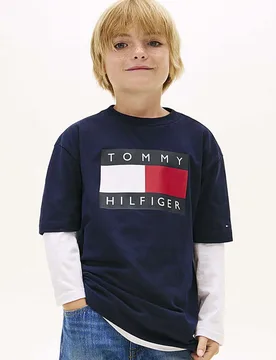 T-shirt blu in puro cotone con bandiera logo icon - Tommy hilfiger - FashionsVida