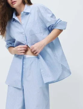 Pure Cotton Poplin Striped Pyjama Shirt Blue Mix female - M&S - FashionsVida