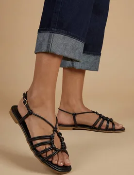 Women's Clara Faux Leather Strappy Open Toe Flat Sandals in Black Size: 5 - Black - Size: 5 - OASIS - FashionsVida