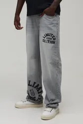 Herren Entspannte Jeans Hosen Mit Varsity-Print Und Kontrast-Design Ice Grey Größe 30
