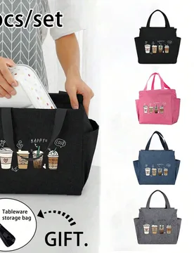 Piezas/Set Bolsa Aislada, con Diseño de "Cuatro Tazas de Café" Bolsa Térmica, Emparejada con Bolsa de Almacenamiento de Cubertería Negra, Lonchera - Shein - FashionsVida