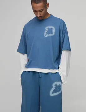 Men's Oversized Boxy B Applique Faux Layer Washed T-Shirt and Short Set Blue Size X-Small Blue XS - boohooMAN - FashionsVida