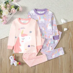 Juego De Ropa De Hogar De Manga Larga Con Estampado De Pegaso Y Pantalones Ajustados Con Rayas Para Niñas Jóvenes, Conjunto De 2 Piezas