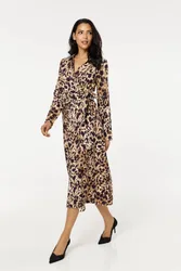 Brown Leopard Wrap Midi Dress - Multicolor - Size: L