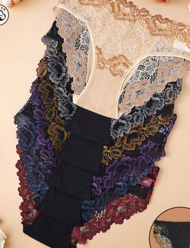 Piezas/Paquete Bragas de Algodón Puro para Mujer: Elegante Tela de Encaje, Diseño de Patchwork de Encaje Floral, Transpirable y Amigable con la Piel
