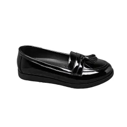Black Patent Loafers with Tassel Style – Slip-On Flat Shoes - Black - Size: 4