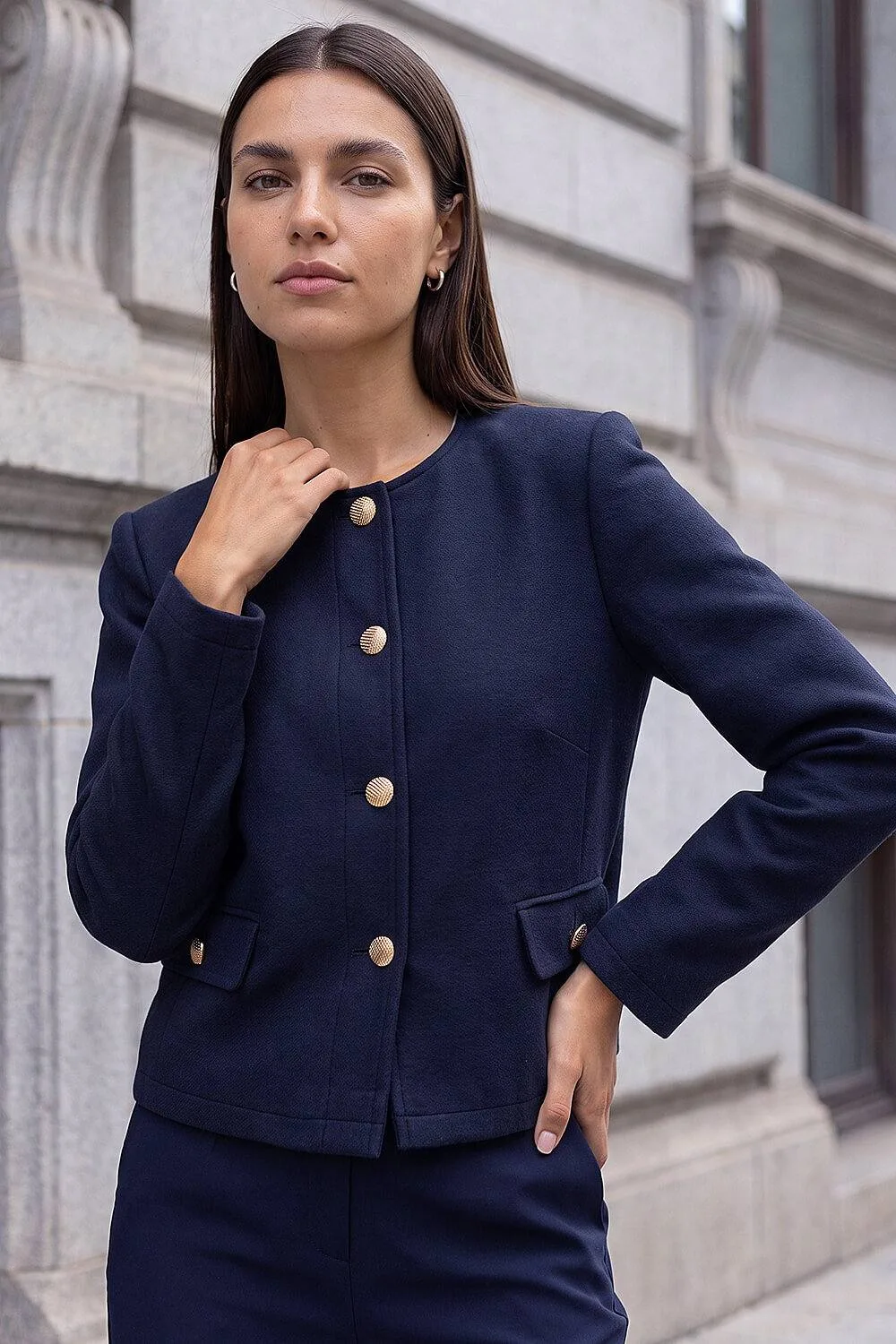 Buttoned Pocket Jacket - Navy - Size: 20 - Roman - FashionsVida