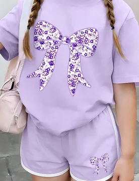 Conjunto de camiseta de cuello redondo con estampado floral y lazo + pantalones cortos, conjunto de ropa de verano cómodo para adolescentes - Shein - FashionsVida