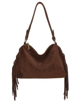 Women's Faux Suede Fringed Hobo Braided Shoulder Crossbody Bag in Dark Brown - Dark Brown - Size: One Size - Kitise - FashionsVida