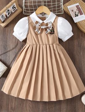 Vestido 2 en 1 para niñas jóvenes, estilo academia lindo, con lazo 3D, insignia, mangas abullonadas, cintura ceñida y plisado, vestido de verano, v