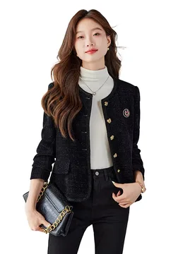 Vintage Cropped Tweed Jackets Women Elegant Black Thicken Coat Korean Single Breasted Blazer Casual Warm Short Outerwear Tops - Aliexpress - FashionsVida