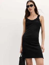 Cotton Rich Ribbed Ruffle Mini Slip Dress Black female