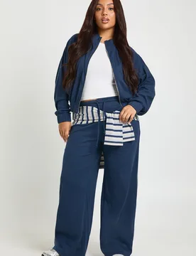 Womens Plus Rib Wide Leg Trousers - Navy Cotton - Size 16 Uk - Boohoo - FashionsVida