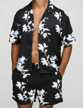 Men's Oversized Boxy Viscose Printed Shirt & Swim Set Black Size Medium Black M - boohooMAN - FashionsVida