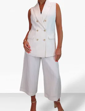 Women's Linen Look 2 Piece Waistcoat & Cropped Trouser Suit in Cream Size: 20 - Cream - Size: 20 - Paulo Due - FashionsVida