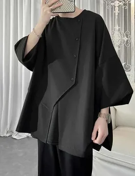 Irregular Shirt Men's Japanese Fashion Brand Men's Three-quarter Sleeve Shirt Thin Button Splicing Top - Aliexpress - FashionsVida