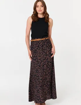 Women's Leaf Print Belt High Waist Maxi Skirt in Navy Size: 14 - Navy - Size: 14 - Izabel London - FashionsVida