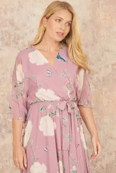 Pink Bird & Floral Print Midi Wrap Dress - Pink - Size: 8