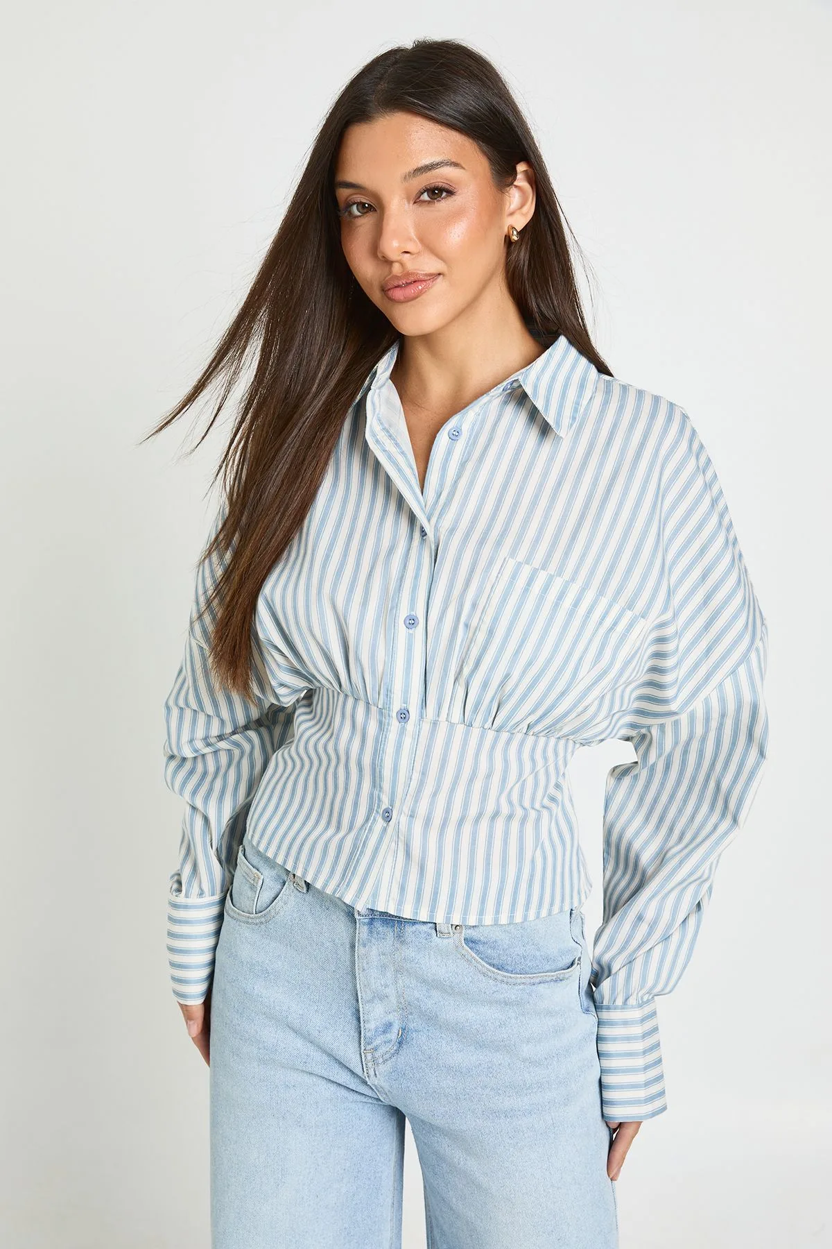 Womens Cinched Stripe Shirt - Blue - Size 10 Uk - Boohoo - FashionsVida