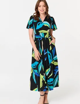 Women's Abstract Faux Wrap Tie Back Midi Dress Size: 14 - Multicolor - Size: 14 - Izabel London - FashionsVida
