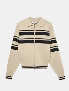 Striped Collared Slim Fit Knitted Jacket Wheat female - M&S - FashionsVida
