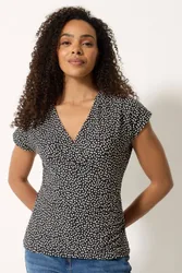 Printed Grown-On Sleeve Wrap Top - Black - Size: 18