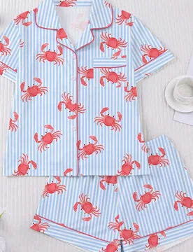 Conjunto de pijama de 2 piezas para mujer, estampado de cangrejo a rayas azul & blanco, ropa de dormir para mujer, atuendo de vacaciones de primavera/ - Shein - FashionsVida