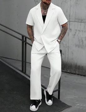 Conjunto de camisa de manga corta con cuello de solapa y pantalones de unicolor casual para hombre, minimalista y versátil para primavera, verano, ot - Shein - FashionsVida