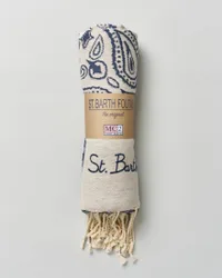 Telo mare beige in cotone a fantasia bandana blu con frange al fondo e scritta logo ricamata
