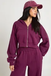 Womens Boxy Balloon Sleeve Oversized Zip Through Hoodie - Dark Red Cotton - Size X-Small