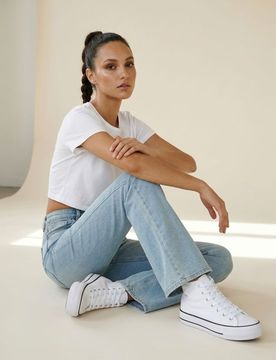 Sneakers alte in cotone con suola spessa - bianco