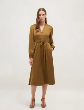 V-Neck Tie Waist Knee Length Skater Dress Green female - Hobbs - FashionsVida