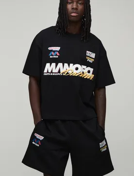 Men's Oversized Boxy Man Moto Printed T-Shirt & Baggy Short Set Black Size Medium Black M - boohooMAN - FashionsVida