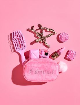 Pochette cosmetica con scritta in cristalli e pon pon - rosa