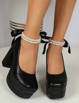 Zapatos de tacón alto para mujer 2024 nuevos, tacón de plataforma ultraalto minimalista con adorno de perlas falsas, zapatos de tacón grueso para f - Shein - FashionsVida