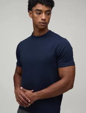 Men's Slim Premium Interlock Extended Neck T-Shirt Navy Size X-Small Navy XS - boohooMAN - FashionsVida