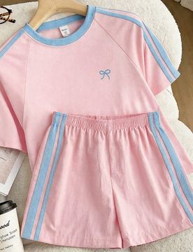 Conjunto de camiseta para niñas preadolescentes, estilo deportivo, camiseta de manga corta y pantalones cortos con bloques de color rosa y verde oscu
