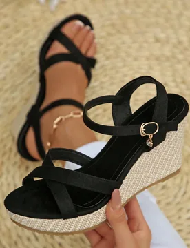 Sandalias de mujer de unicolor con tacón de cuña y suela gruesa ligera, diseño de correa con hebilla y sin cordones, zapatos de moda lujosos, nuevo - Shein - FashionsVida
