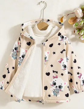 Chaqueta con capucha de forro polar con estampado de dibujos animados, ajuste regular, para niñas, para uso casual al aire libre, con forro térmico - Shein - FashionsVida