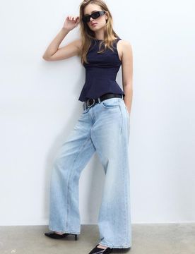 Ärmelloses Peplum-Top mit Streifen Marineblau M