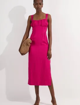 Women's Viscose Linen Ruched Detail Strappy Woven Midi Dress in Hot Pink Size: 8 - Hot Pink - Size: 8 - Karen millen - FashionsVida
