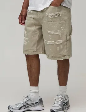 Men's Ripped Carpenter Paint Splatter Relaxed Fit Denim Shorts Ecru Size 40R Ecru 40R - boohooMAN - FashionsVida