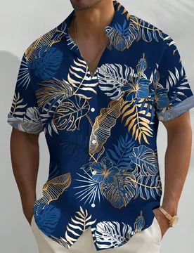 Camisa de manga corta con bolsillo y estampado 3D de flores y plantas tropicales hawaianas, talla grande para hombres - Shein - FashionsVida