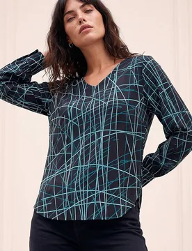 Women's V-Neck Abstract Puff Print Top in Black Size: 18 - Black - Size: 18 - Roman - FashionsVida