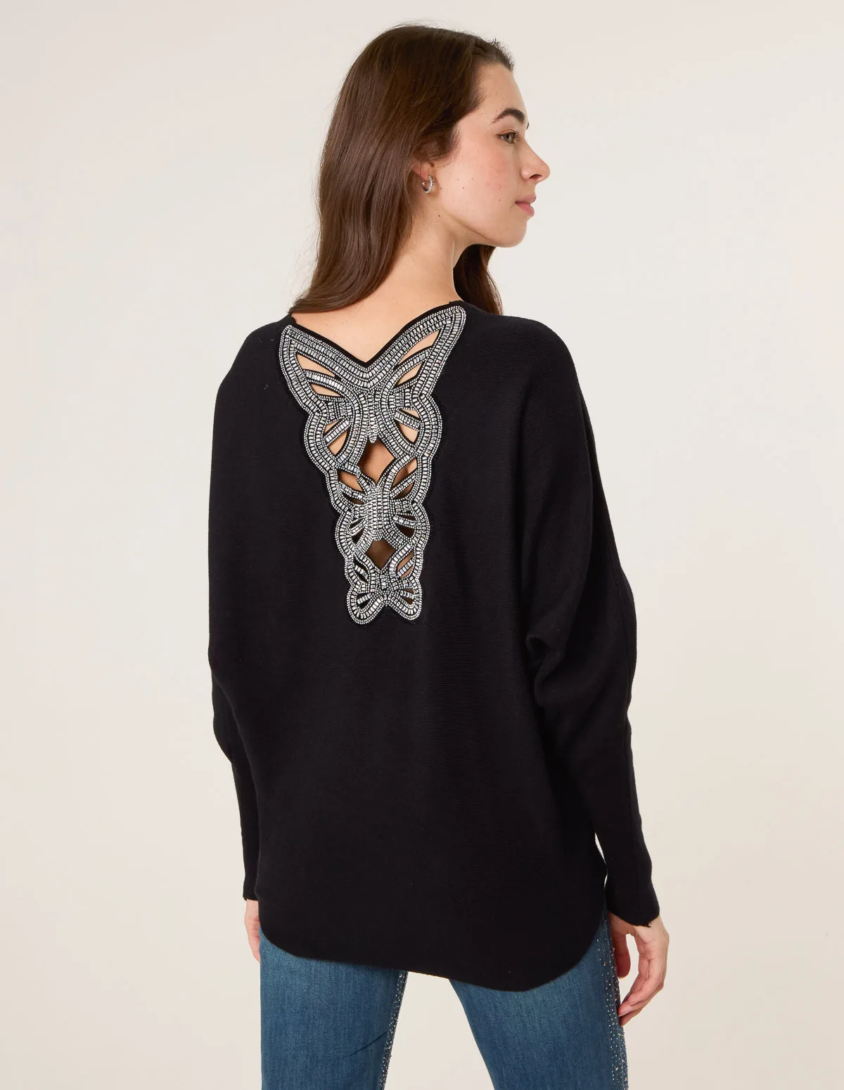 Batwing Jumper With Back Diamante Detailing - S/M / BLACK - female - Blue Vanilla - FashionsVida