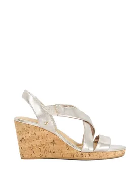 Women's Wide Fit 'Kamies' Leather Wedges Sandal in Metallics Size: 7 - Metallics - Size: 7 - Dune london - FashionsVida