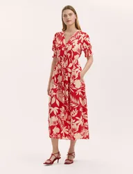 Floral V-Neck Puff Sleeve Midi Waisted Dress Red Mix female